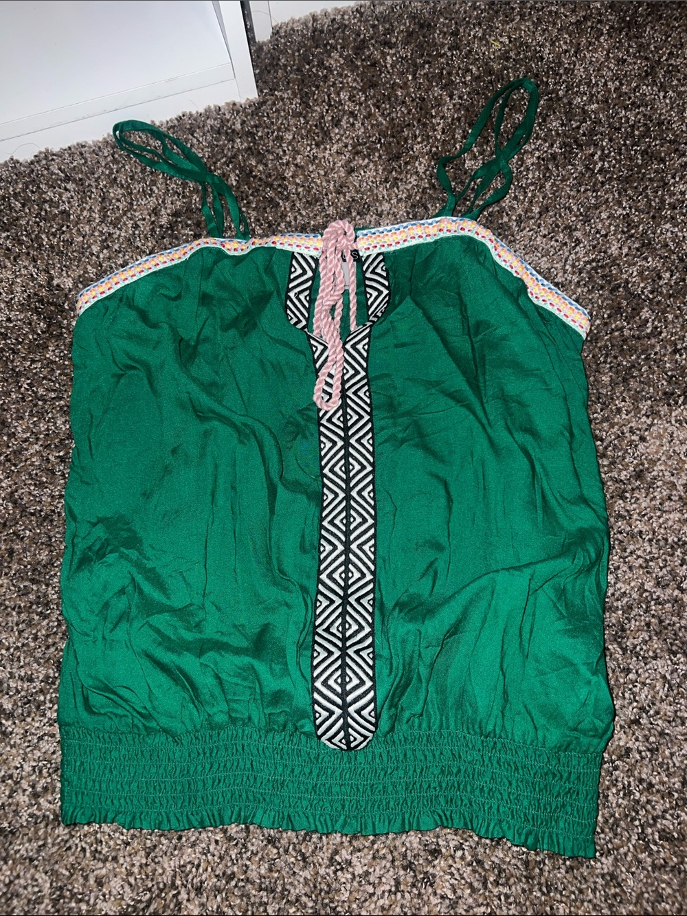 Venus- Green Strappy Tank with Geometric Trim